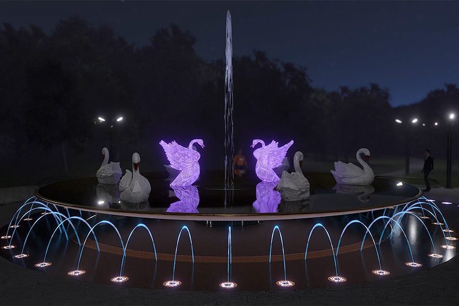 misty circular pond with swans and water jets art installation