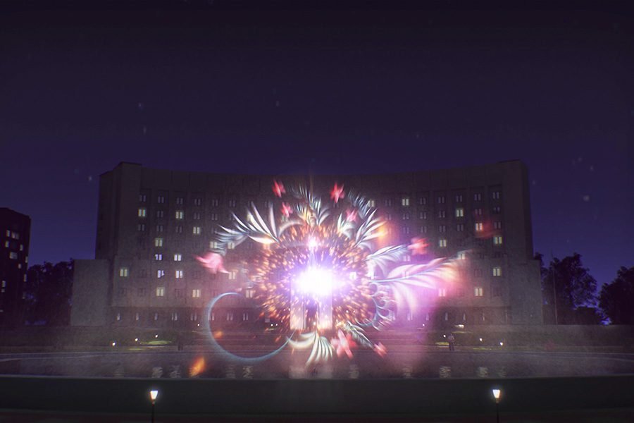 night water screen fountain with projection and light show