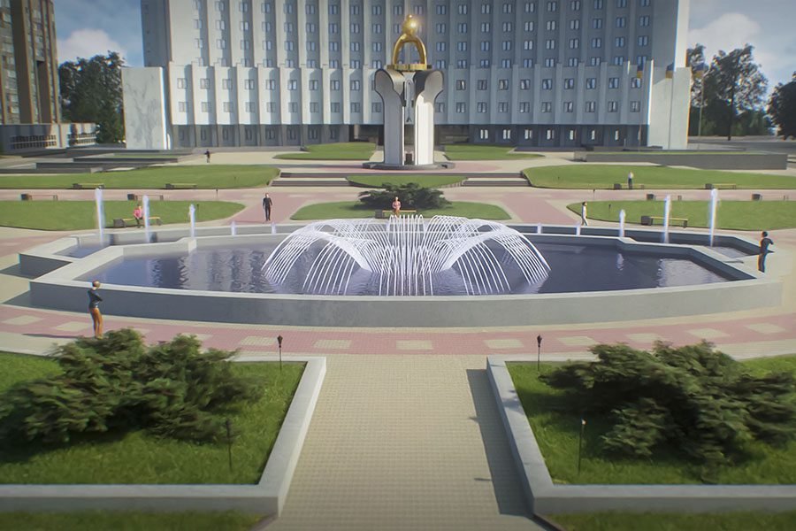 long oval fountain with multiple water jets in public park