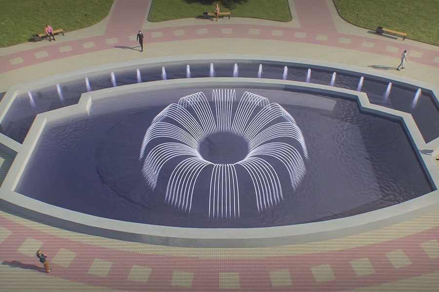 circular fountain with radial water jets in open public space