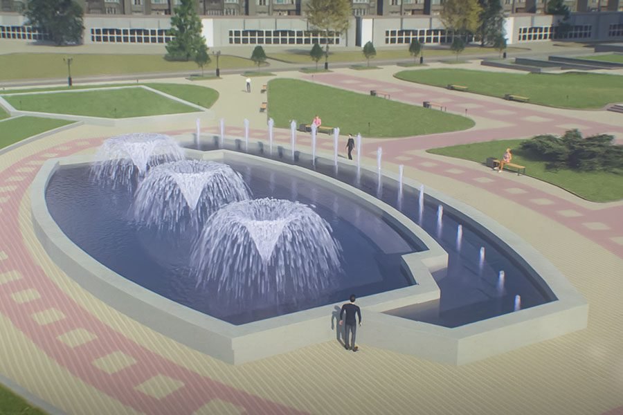 long oval fountain with multiple water jets in public park