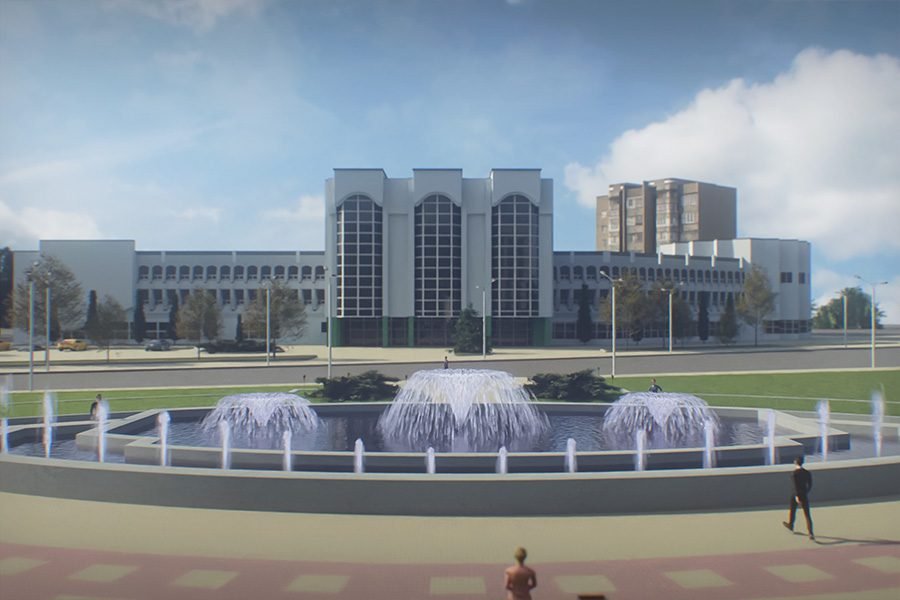 round fountain with multiple water jets in public park