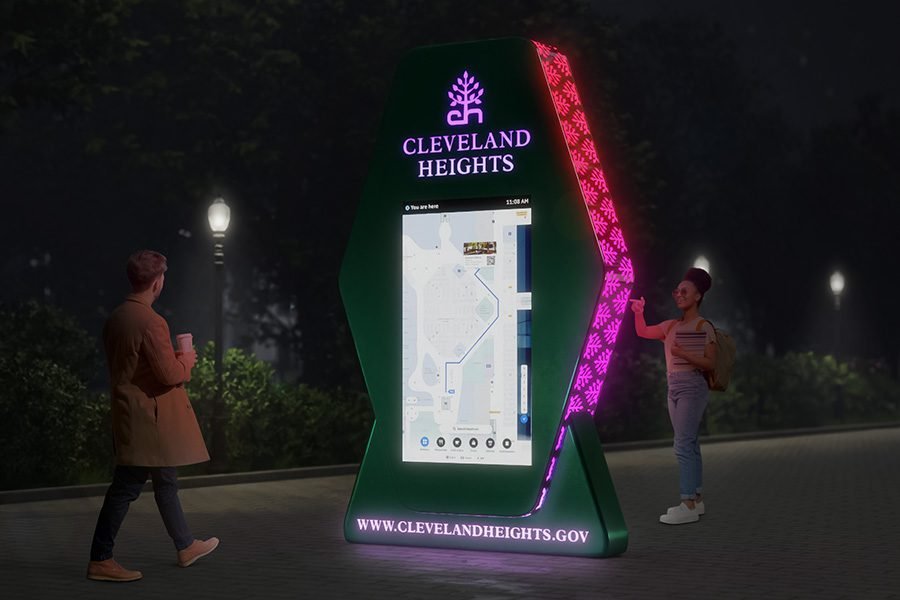 public park navigation totem with perforated metal artwork and touchscreen map