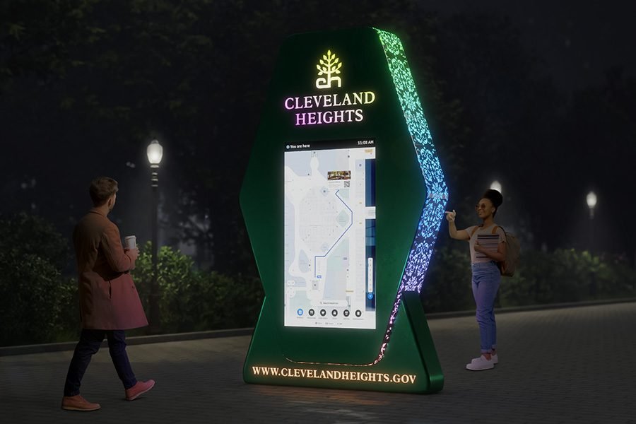 perforated metal smart-city navigation kiosk with illuminated digital map screen