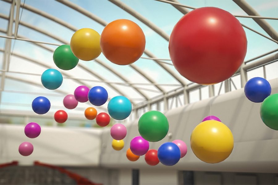 kinetic colorful sphere installation in shopping mall