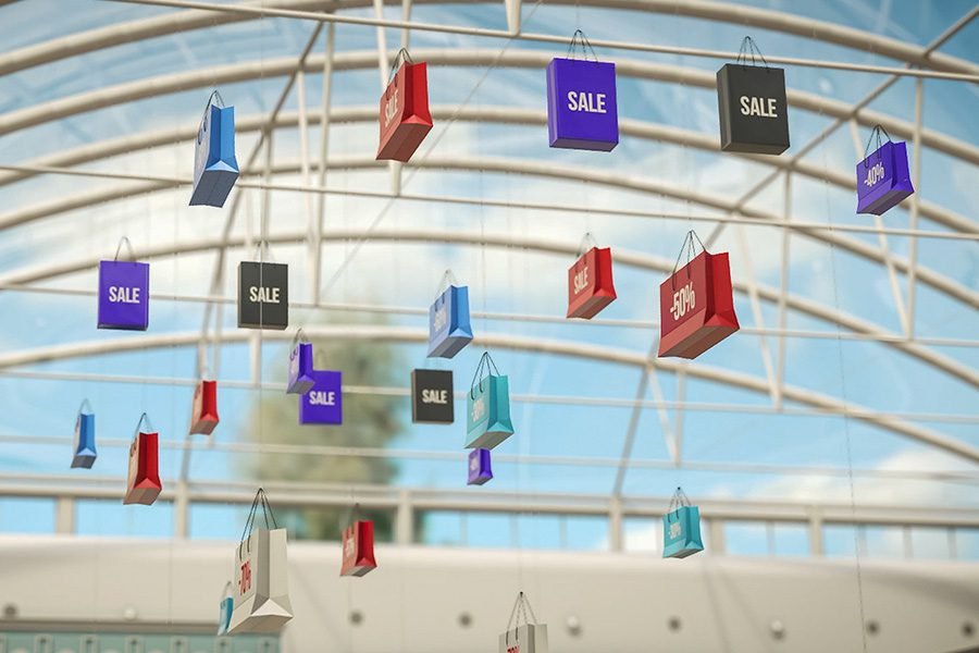 kinetic sale bags installation in shopping mall atrium