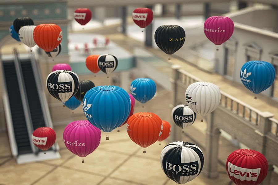 kinetic branded balloon installation BOSS ZARA NIKE