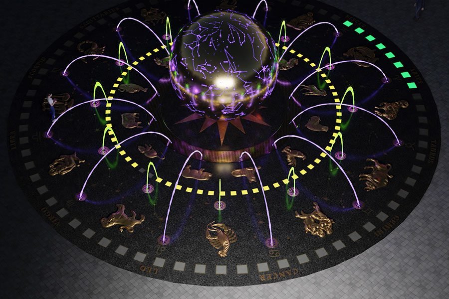 illuminated zodiac fountain with constellation sphere