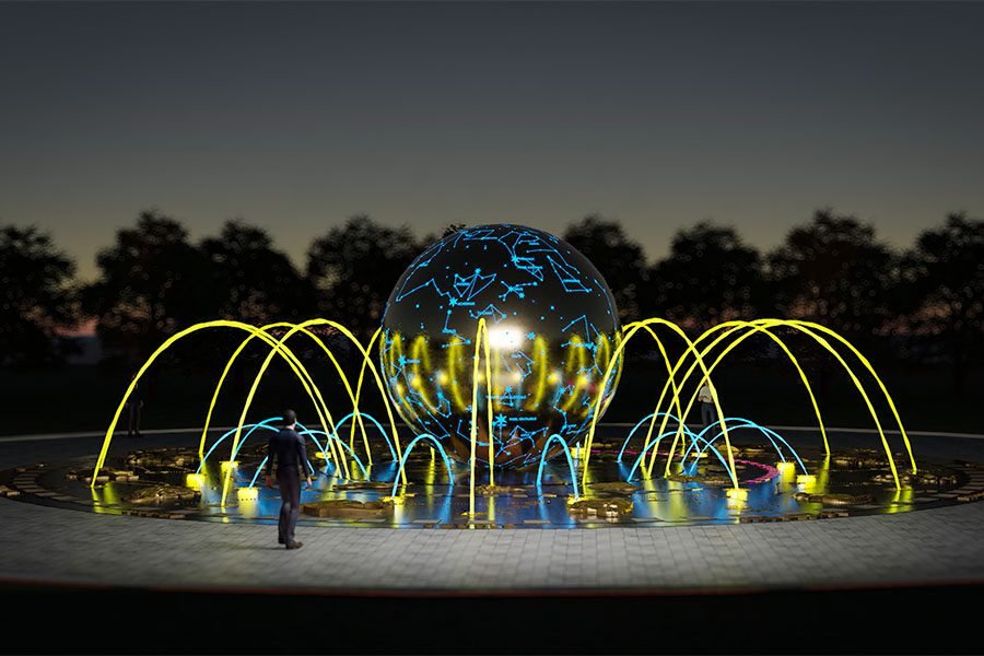 outdoor zodiac fountain with lit stone globe and music show