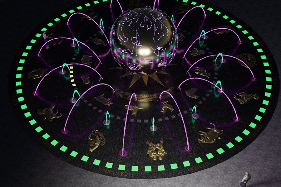 night glowing fountain with zodiac signs and metal constellation sphere