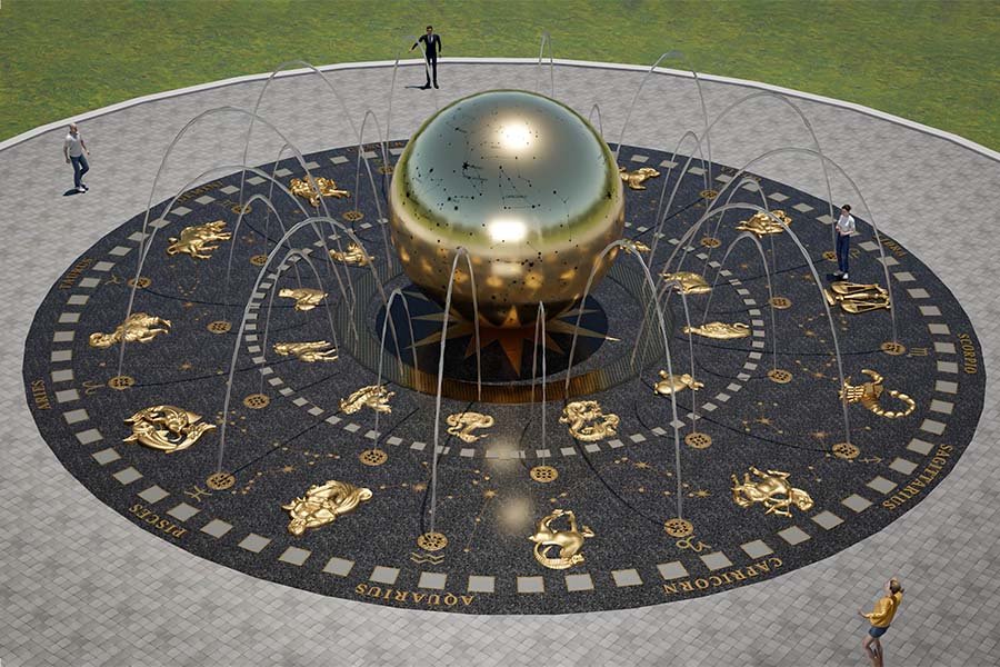 zodiac-themed fountain with glowing metal constellation sphere