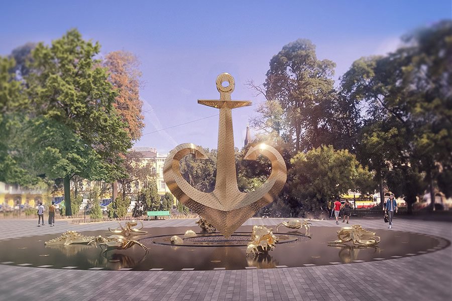 gold perforated metal anchor sculpture fountain in public park