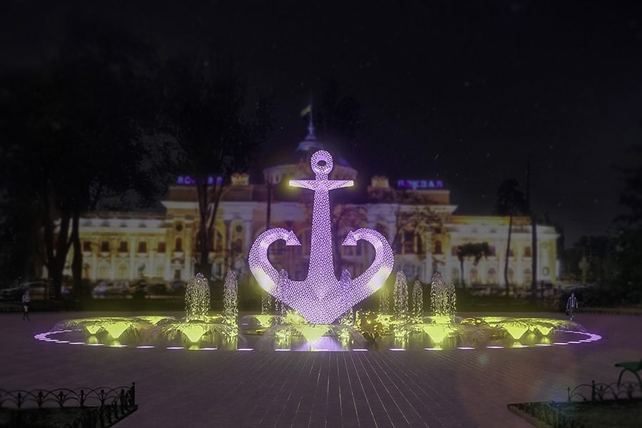 interactive LED anchor fountain with dynamic lighting and water choreography at night