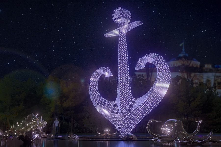 interactive LED anchor fountain with customizable branding and dynamic lighting installation