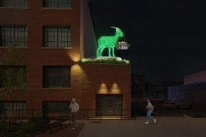 Green Goat Art Installation - Symbol on the Restaurant Roof