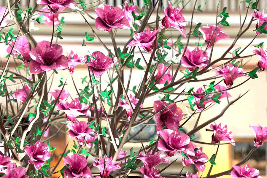 metal and glass magnolia tree art installation