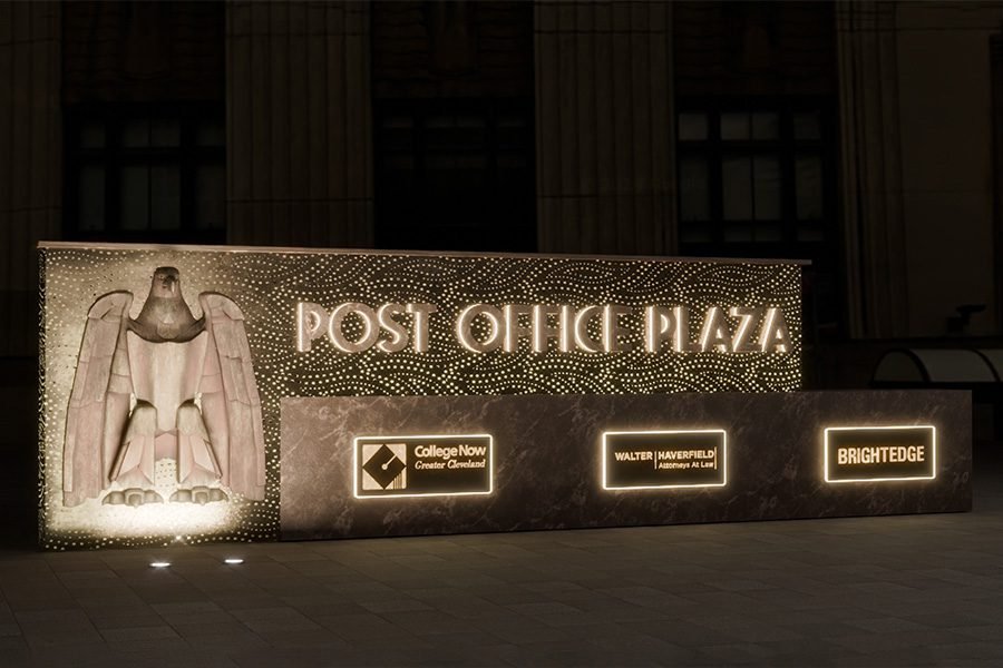 LED metal and stone entry sculpture at post office entrance