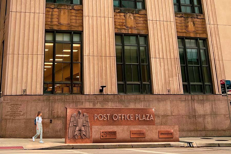 Branded art sculpture feature for the Post Office Plaza