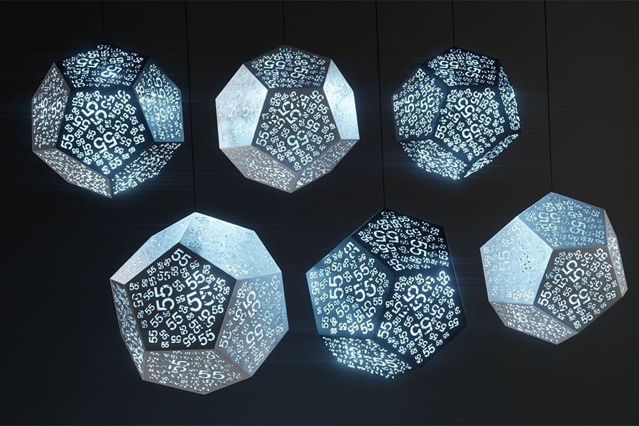 Hanging kinetic light installation with perforated geometric pendants