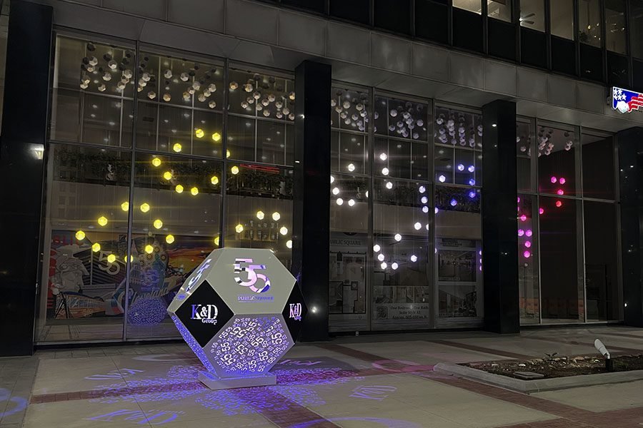 custom art sculpture in front of the office building