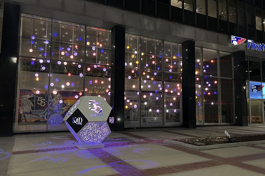 branded art sculpture with LED light
