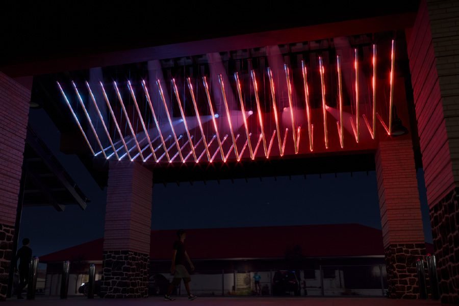 An animated sculpture integrating color and light
