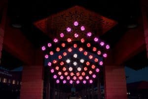 Five Elements kinetic installation in the shape of a pentagon in the evening