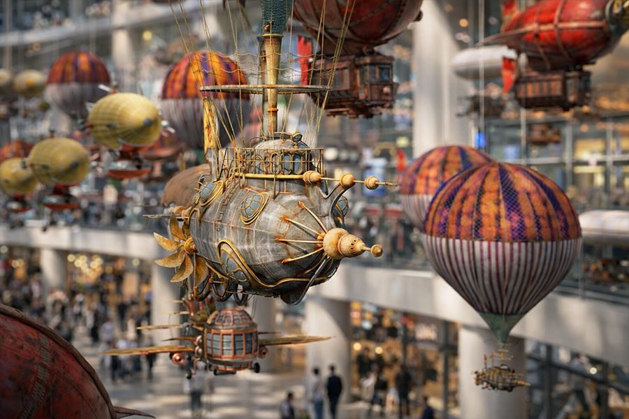 Suspended steampunk airship sculpture