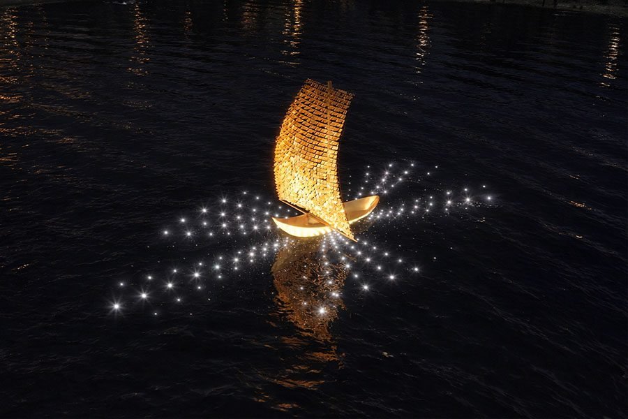 gold sail boat art feature
