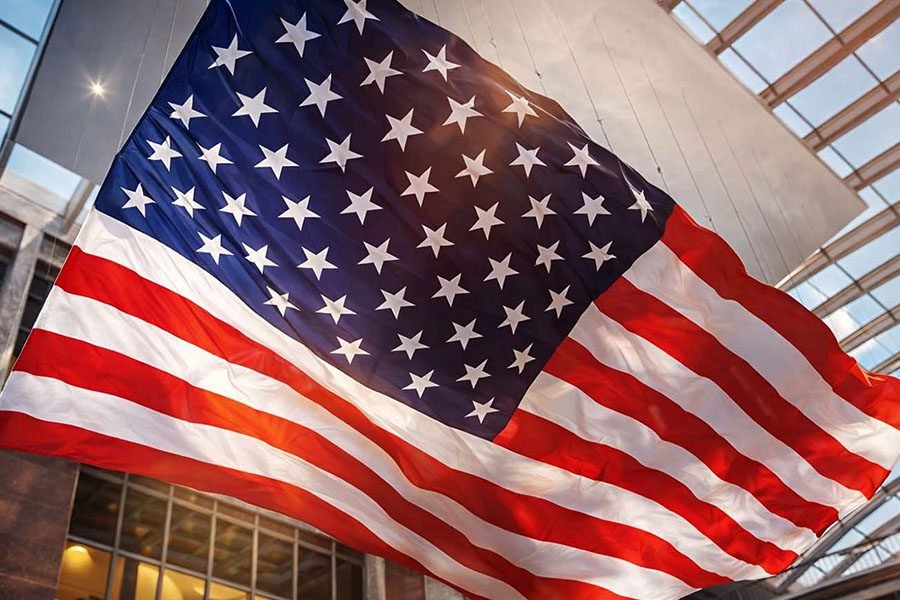 Suspended American flag installation in atrium