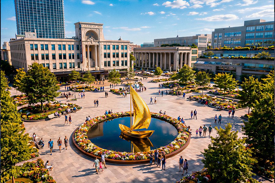 kinetic public art with fountain that look like sail boat in the town square at sun light