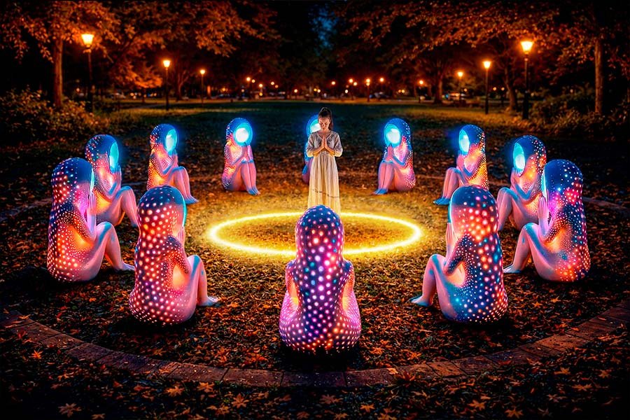 Night view of an light Interactive Installation "Prayer of Love"n with glowing sculptural figures forming a circle around a person, creating a vibrant ritual-like atmosphere in a park.