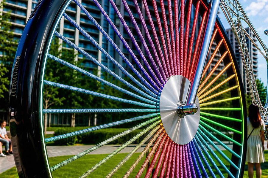 interactive art bicycle wheel with colorful parts