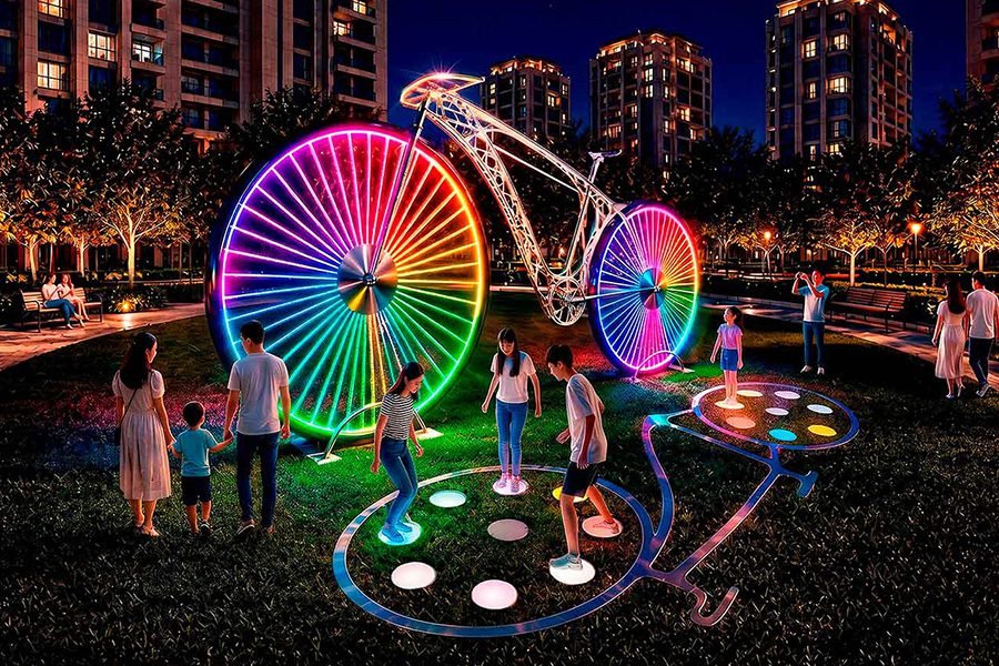 interactive public art bicycle at night in residential park with light