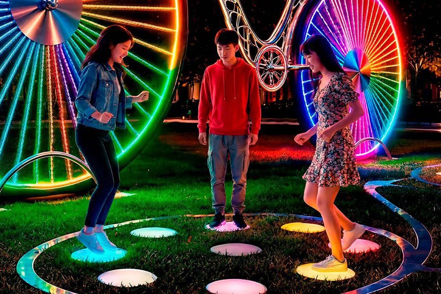 people with led bicycle on the background at night