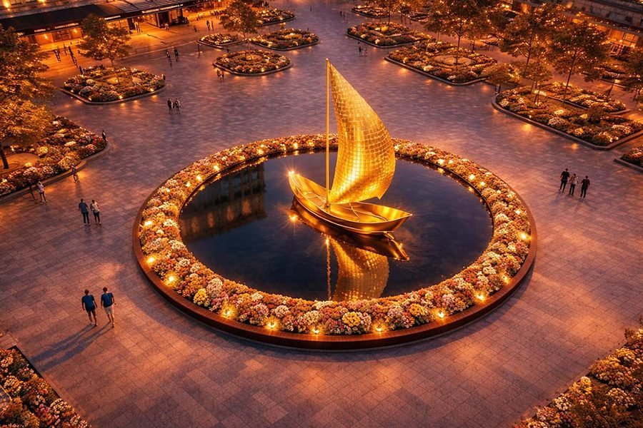 sail boat public art with water feature round on the square