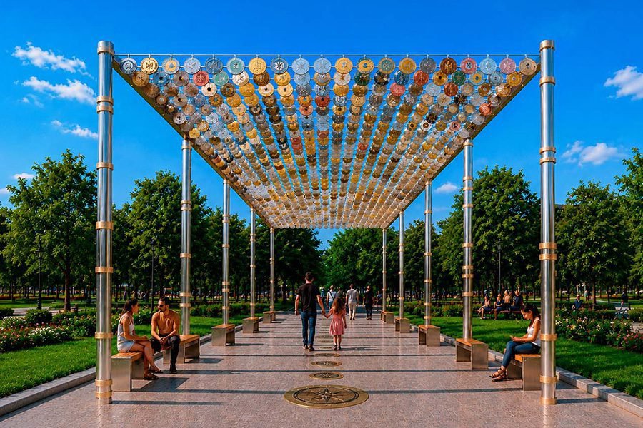 public square with tent made from coins