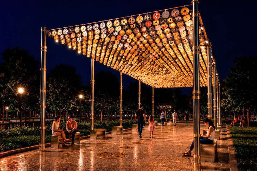 art installation with coins of the world at night with led