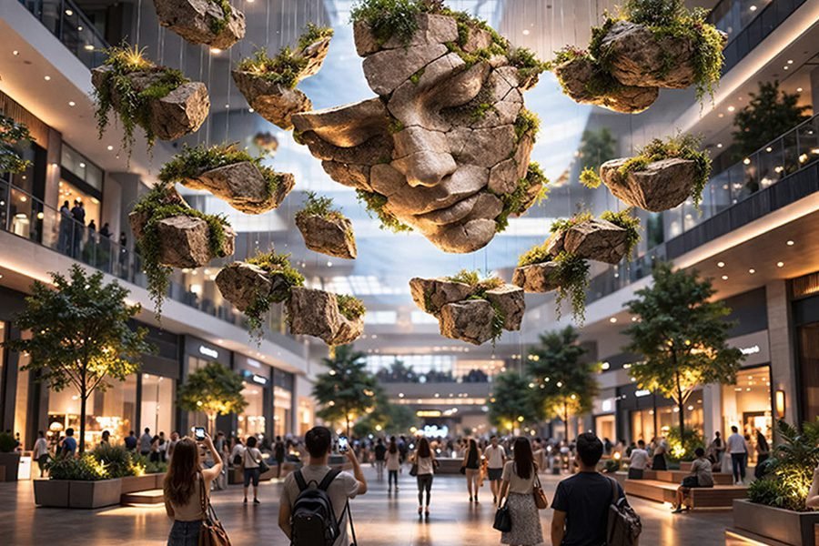 kinetic art installation floating stones in public space