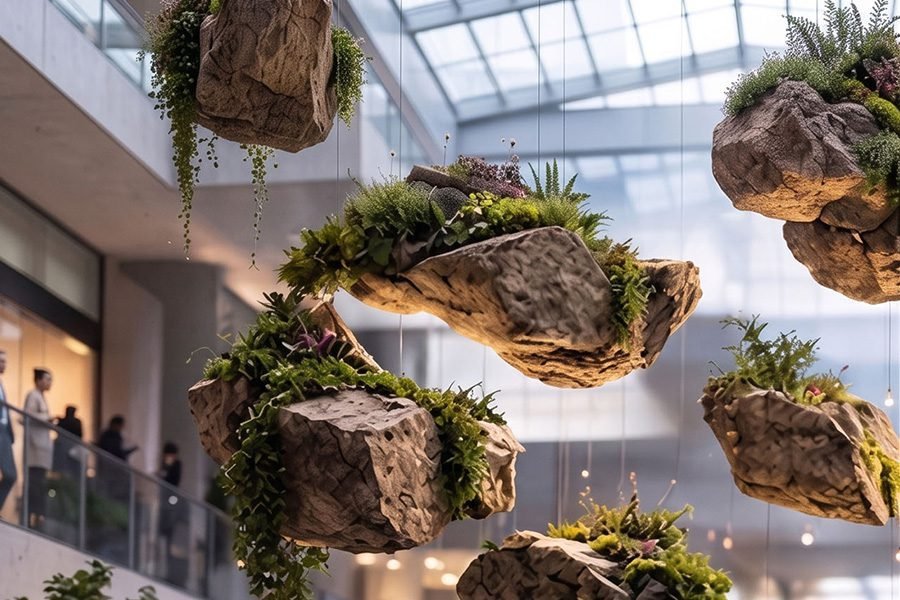 suspended stones with moss in shopping center