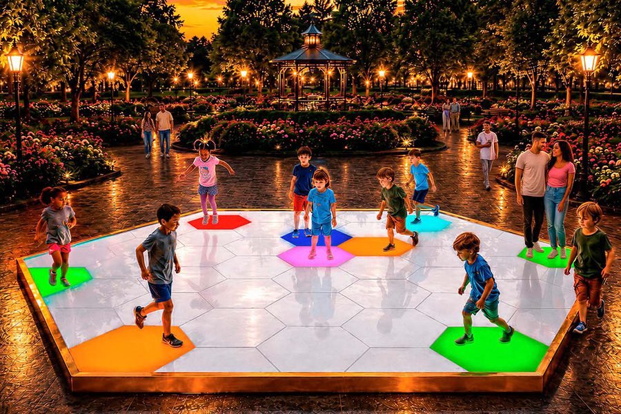 interactive floor with led screens and kids playing on it
