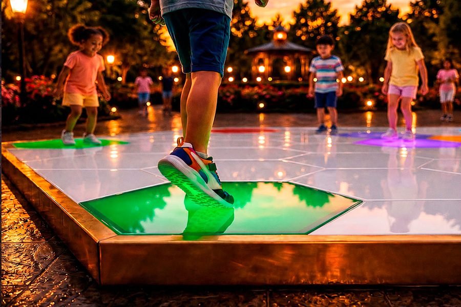 kid running on the interactive floor in the park
