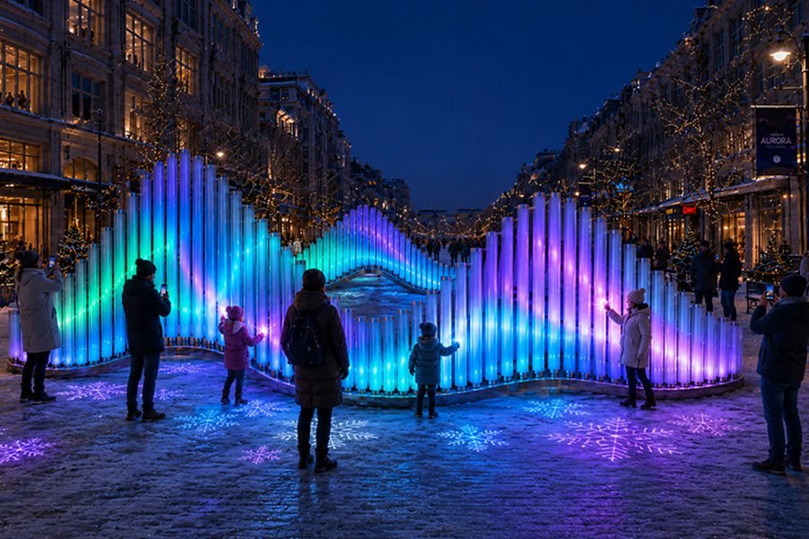 pipes with led light outside on the public square