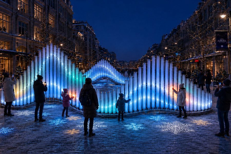 pipes forming waves with led on public square different colors