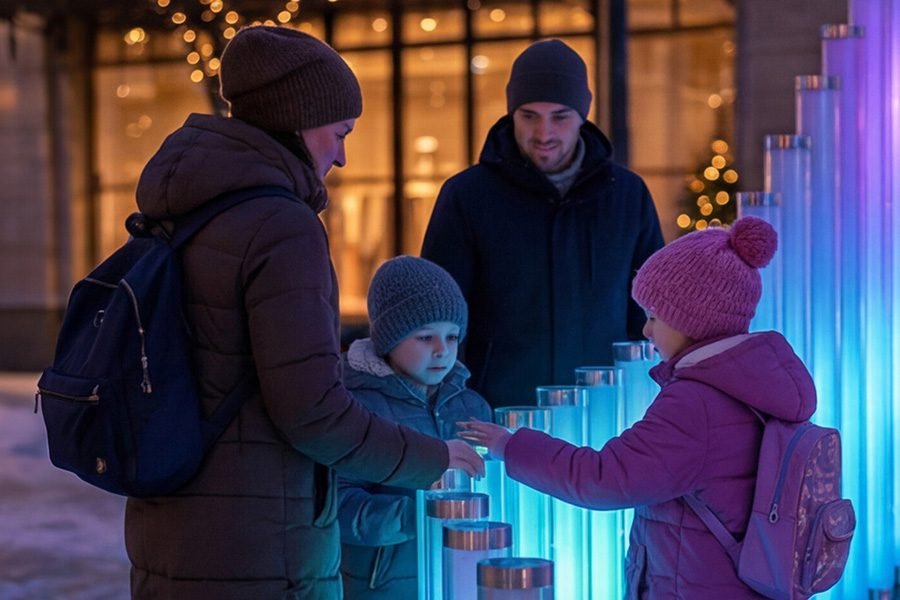kids and adults touching pipes with led inside