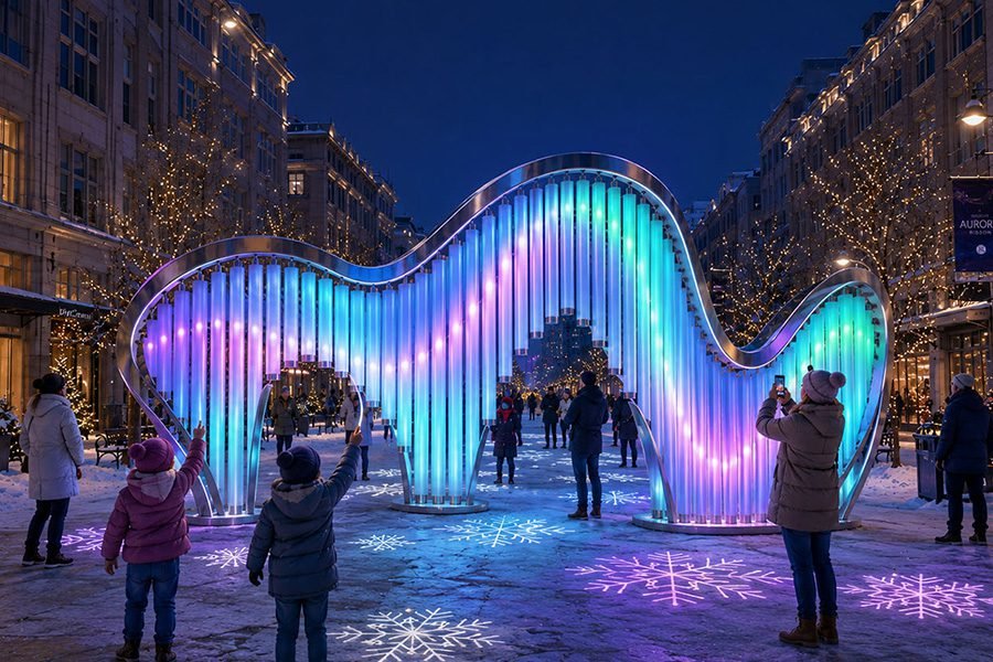 pipes with led inside creating interactive public art in the city